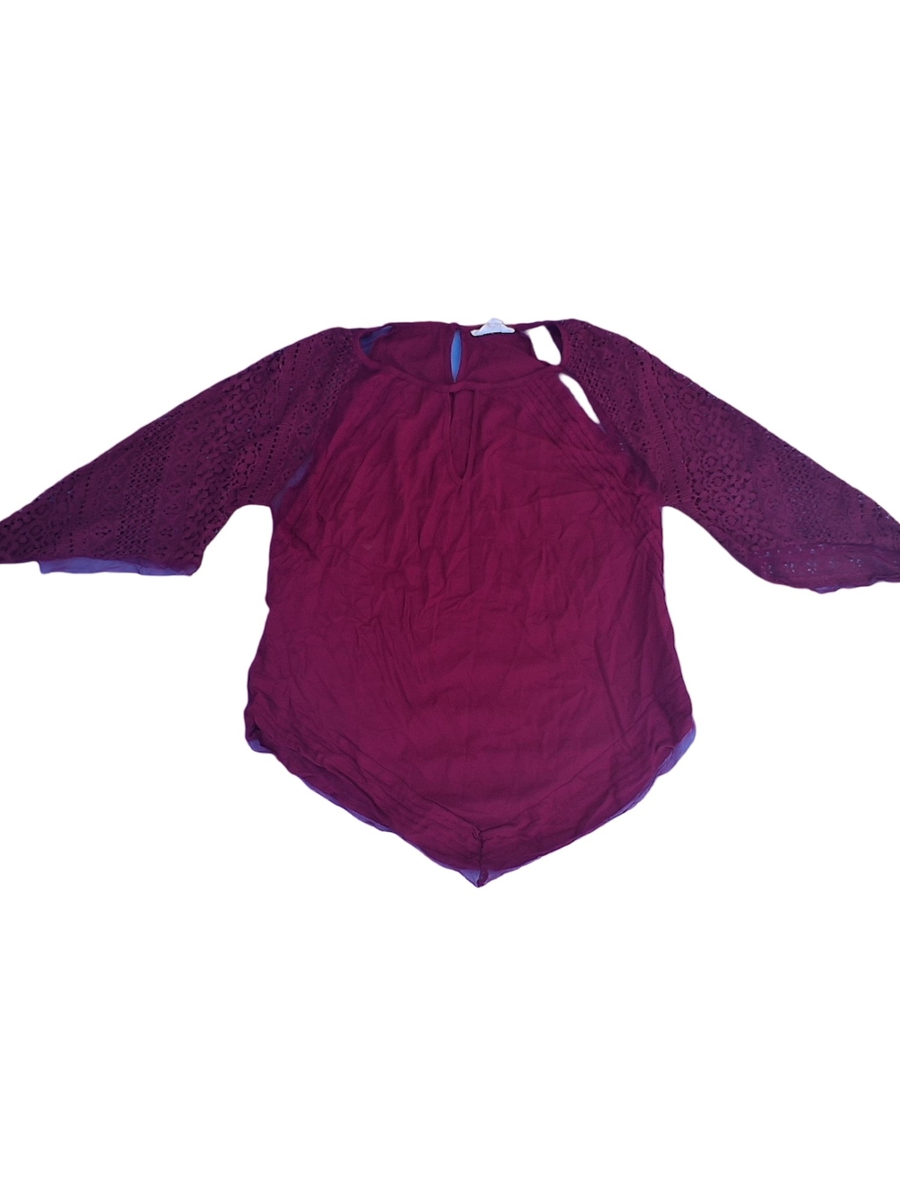 Adiva Burgundy Bell  Lace Sleeve Women's Blouse Keyhole Back Sz Small